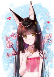 Rule 34 | 1girl, animal ears, azur lane, black hair, blunt bangs, cherry blossoms, collarbone, commentary request, eyes visible through hair, fox ears, head tilt, jewelry, long hair, looking at viewer, m ko (maxft2), nagato (azur lane), nagato (great fox&#039;s respite) (azur lane), necklace, parted lips, paw pose, paw print, see-through, sidelocks, solo, spaghetti strap, yellow eyes