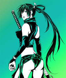 Rule 34 | 1girl, ass, katana, looking back, mikaneco, natsume aya, ninja, ponytail, sword, tenjou tenge, weapon