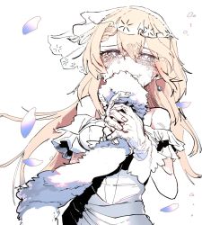 Rule 34 | blonde hair, crying, crying with eyes open, dress, ear piercing, g36 (girls&#039; frontline), g36 (pure white cornflower) (girls&#039; frontline), girls&#039; frontline, gloves, happy tears, highres, long hair, looking at viewer, official alternate costume, piercing, solo, ssambatea, tears, wedding dress, white dress, white gloves