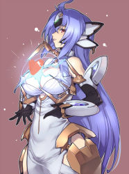 Rule 34 | 00s, 1girl, ahoge, akinaie, android, black gloves, blue eyes, blue hair, breasts, brown background, cleavage, covered erect nipples, cowboy shot, cyborg, dress, elbow gloves, energy, gloves, heart, kos-mos, kos-mos ver. 4, large breasts, light particles, long hair, maroon background, matching hair/eyes, multiple girls, parted lips, pink lips, red eyes, short dress, simple background, solo, teeth, thighhighs, very long hair, visor (armor), white dress, xenosaga, xenosaga episode iii