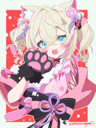 Rule 34 | 1girl, :d, animal ear fluff, animal hands, belt, black sash, blonde hair, blue eyes, dog paws, fang, floral print kimono, flower, hair flower, hair ornament, highres, hinata hirune, hololive, hololive english, japanese clothes, kimono, mococo abyssgard, mococo abyssgard (new year), multicolored hair, obi, official alternate costume, open mouth, pink belt, pink hair, pink kimono, sash, skin fang, sleeveless, sleeveless kimono, smile, solo, streaked hair, twintails, virtual youtuber