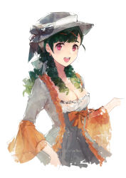 Rule 34 | 1girl, :d, absurdres, black bow, black hair, bow, breasts, cleavage, dress, drill hair, earrings, frilled dress, frills, g28 (girls&#039; frontline), girls&#039; frontline, gradient hair, green hair, grey dress, grey hat, hair bow, hair ornament, hairclip, hand up, hat, hat bow, hei chuan gui, highres, jewelry, long hair, long sleeves, looking at viewer, low ponytail, medium breasts, multicolored hair, open mouth, red eyes, round teeth, signature, simple background, sketch, smile, solo, tareme, teeth, upper body, upper teeth only, white background, white bow, wide sleeves