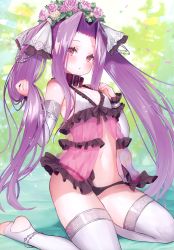 Rule 34 | 1girl, absurdres, babydoll, bare shoulders, blush, bow, breasts, collar, fate/grand order, fate (series), flower, frills, full body, hair ornament, head wreath, highres, holding, holding own hair, long hair, looking at viewer, medusa (fate), medusa (lancer) (fate), medusa (lancer) (final ascension) (fate), medusa (rider) (fate), navel, panties, parted lips, purple eyes, purple hair, purple panties, rider, scan, see-through, shiny clothes, shiny skin, simple background, sitting, sleeveless, small breasts, solo, stirrup legwear, stomach, suzuho hotaru, thighhighs, toeless legwear, underwear, underwear only, white thighhighs