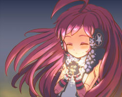 Rule 34 | ahoge, bad id, bad pixiv id, blush, closed eyes, dress, gloves, glowing, headphones, headset, red eyes, red hair, sf-a2 miki, smile, solo, sparkle, star (symbol), striped clothes, striped gloves, unyagi, vocaloid, wrist cuffs