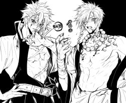 Rule 34 | 2boys, aza choubei, bandaged arm, bandages, bead necklace, beads, blank eyes, blood, blood on chest, blood on face, blood on hands, body markings, eyes visible through hair, greyscale, hairstyle connection, highres, jewelry, jigokuraku, kimetsu no yaiba, looking at viewer, medium hair, mono1010101, monochrome, multiple boys, muscular, muscular male, necklace, open clothes, open mouth, open robe, parted lips, popped collar, robe, scar, scar across eye, scar on chest, scar on face, shinazugawa sanemi, short hair, spiked hair, trait connection