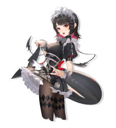 Rule 34 | 1girl, absurdres, apron, ash-c, belt, black dress, black hair, brown pantyhose, colored inner hair, commentary request, cropped legs, dress, ellen joe, fins, fish tail, frilled skirt, frills, hair ornament, hairclip, highres, looking at viewer, maid, maid apron, maid headdress, mole, mole on arm, mole under eye, multicolored hair, open mouth, pantyhose, pink hair, puffy short sleeves, puffy sleeves, red eyes, red nails, shark girl, sharp teeth, short hair, short sleeves, simple background, skirt, solo, tail, teeth, white background, wrist cuffs, x hair ornament, zenless zone zero
