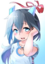 Rule 34 | 1girl, :d, arm up, black hair, blue eyes, blue shirt, blurry, blurry background, blush, collarbone, commentary request, depth of field, dragon girl, dragon horns, fang, hair between eyes, hair ribbon, hand in own hair, highres, horns, kagarimachi konatsu, long hair, open mouth, original, red ribbon, ribbon, scales, shirt, short sleeves, smile, solo, very long hair