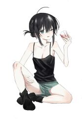 Rule 34 | 1girl, ;p, aqua eyes, aqua shorts, bare shoulders, black camisole, black hair, black socks, breasts, camisole, cleavage, cup, drinking glass, full body, hair between eyes, highres, holding, holding cup, knee up, looking at viewer, medium breasts, one eye closed, original, ponytail, short hair, short shorts, shorts, sidelocks, simple background, sitting, sleeveless, socks, solo, tongue, tongue out, xxxsoiu1