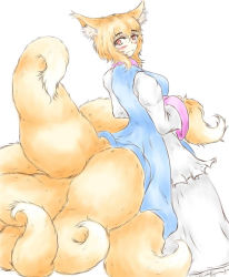 Rule 34 | 1girl, animal ears, back, blonde hair, blush, dress, fox ears, fox tail, frilled dress, frills, from behind, juliet sleeves, long sleeves, looking back, multiple tails, no headwear, puffy sleeves, raised eyebrows, red eyes, short hair, simple background, smile, solo, ta gero, tabard, tail, touhou, white background, yakumo ran
