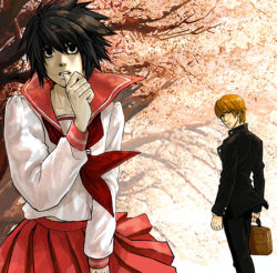 Rule 34 | 2boys, bag, bags under eyes, cherry blossoms, crossdressing, crossover, death note, l (death note), long sleeves, lowres, male focus, multiple boys, parody, pleated skirt, school bag, school uniform, serafuku, skirt, to heart, to heart (series), yagami light, yaoi