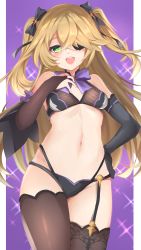 Rule 34 | 1girl, absurdres, bikini, black bikini, black gloves, black thighhighs, blonde hair, blush, breasts, bridal gauntlets, detached sleeves, elbow gloves, eyepatch, fischl (genshin impact), genshin impact, gloves, green eyes, hair over one eye, highres, long hair, looking at viewer, mizuno tera, navel, open mouth, purple background, single elbow glove, single glove, small breasts, smile, solo, sparkle, swimsuit, thighhighs, thighs, two side up