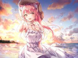 Rule 34 | 1girl, animal ears, armpits, bare shoulders, bird, blush, breasts, buttons, cat ears, cleavage, cloud, collarbone, dress, hair between eyes, hair intakes, hand in own hair, hat, highres, long hair, looking at viewer, medium breasts, open mouth, original, outdoors, pink hair, ribbon, sky, sleeveless, smile, solo, soyubee, standing, sunset, teeth, water, water drop, white dress, wind, wind lift, yellow eyes