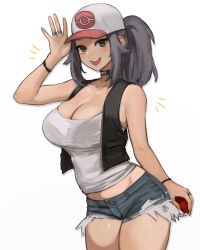 Rule 34 | 1girl, :d, alternate breast size, arm up, bad id, bad twitter id, bare shoulders, baseball cap, black choker, black eyes, black vest, blue shorts, bra visible through clothes, breasts, choker, cleavage, cosplay, cowboy shot, creatures (company), cutoffs, denim, denim shorts, game freak, gompang 11, grey hair, hat, highres, hilda (pokemon), hilda (pokemon) (cosplay), holding, jewelry, large breasts, long hair, looking at viewer, micro shorts, midriff, nintendo, open mouth, original, poke ball, pokemon, pokemon bw, ponytail, ring, see-through, shirt, short shorts, shorts, simple background, smile, solo, standing, thighs, vest, white background, white hat, white shirt, wristband