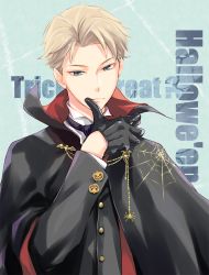 Rule 34 | 1boy, black gloves, blonde hair, blue eyes, closed mouth, english text, gloves, halloween, halloween costume, hand on own face, highres, kuga tsukasa, long sleeves, looking at viewer, male focus, short hair, smirk, solo, spy x family, trick or treat, twilight (spy x family)