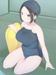 Rule 34 | 1girl, absurdres, bare shoulders, belly, blush, breasts, brown eyes, brown hair, chain-link fence, competition school swimsuit, fence, forehead, highres, kickboard, large breasts, md5 mismatch, one-piece swimsuit, original, plump, pout, resolution mismatch, school swimsuit, short hair, sitting, solo, source smaller, swim cap, swimsuit, thighs, ushinomiya