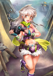 Rule 34 | 1girl, :d, bare shoulders, blush, breasts, camcorder, female focus, fingerless gloves, fur trim, gloves, green scarf, grey eyes, leg lift, long hair, looking at viewer, midriff, navel, open mouth, original, outdoors, pouch, scarf, shorts, silver hair, smile, solo, standing, standing on one leg, suoni (deeperocean), tent, video camera