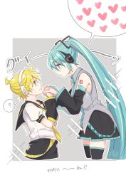 Rule 34 | 1boy, 1girl, ?, black shorts, black skirt, black sleeves, black thighhighs, blonde hair, blue eyes, blue hair, blue necktie, collared shirt, cropped legs, detached sleeves, eye contact, flying sweatdrops, from side, grey shirt, hair between eyes, hatsune miku, headphones, heart, height difference, highres, holding hands, interlocked fingers, kagamine len, long hair, long sleeves, looking at another, necktie, pk (mukasihasakana), pleated skirt, profile, puffy short sleeves, puffy sleeves, shirt, short sleeves, shorts, skirt, sleeveless, sleeveless shirt, sparkle, spoken heart, spoken question mark, thighhighs, translated, trembling, twintails, very long hair, vocaloid, white shirt, wide sleeves