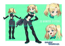 Rule 34 | 1girl, 30 minutes sisters, black footwear, black gloves, blonde hair, boots, breasts, clothing cutout, elbow gloves, gloves, gun, hair behind ear, hand on own hip, highres, holding, holding gun, holding weapon, it man, medium breasts, multiple views, navel, open hands, open mouth, parted bangs, smile, stomach cutout, thigh boots, twintails, v-shaped eyebrows, weapon