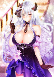 Rule 34 | 1girl, bare shoulders, black gloves, blue oath, blush, breasts, cleavage, closed mouth, cup, dress, dress flower, drinking glass, gloves, hair ribbon, highres, holding, holding cup, large breasts, long hair, looking at viewer, mole, mole under eye, necktie, pennsylvania (blue oath), pennsylvania (ebony dew) (blue oath), purple dress, purple eyes, ribbon, silver hair, solo, wine glass, yuuzuki hijiri