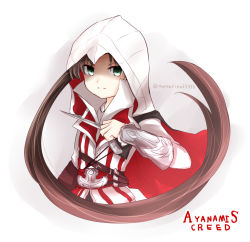 Rule 34 | 1girl, assassin&#039;s creed, assassin&#039;s creed (series), ayanami (kancolle), bad id, bad pixiv id, brown hair, cosplay, ezio auditore da firenze, green eyes, concealed weapon, hidden blade (assassin&#039;s creed), kantai collection, side ponytail, solo, weapon, yonerinoko (banberabu)