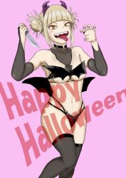 Rule 34 | 1girl, absurdres, blonde hair, blunt bangs, blush, boku no hero academia, double bun, english text, fangs, hair bun, halloween, halloween costume, happy halloween, highres, holding, holding knife, holding weapon, knife, messy hair, nail polish, open mouth, purple nails, sidelocks, solo, toga himiko, tongue, tongue out, weapon, yellow eyes
