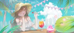 Rule 34 | :3, :d, absurdres, bare shoulders, blue sky, bowl, bracelet, breasts, brown hair, cherry, cleavage, cloud, cup, dinwoon, dress, drinking glass, drinking straw, elbows on table, fence, flower, food, fortissimo, frilled dress, frills, fruit, green eyes, hair ornament, hand on own cheek, hand on own face, hat, head rest, highres, holding, holding food, holding fruit, hurricane glass, indie virtual youtuber, jewelry, looking at food, medium breasts, miori celesta, mogu (miori celesta), musical note, musical note hair ornament, off-shoulder dress, off shoulder, open mouth, palm tree, shaved ice, sky, slime (creature), smile, star (symbol), star in eye, straw hat, string of flags, symbol in eye, treble clef, tree, virtual youtuber, water, white dress