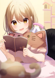 Rule 34 | 1girl, absurdres, animal, blurry, blurry foreground, blush, book, brown eyes, brown hair, cat, cat teaser, cat tower, highres, holding, holding book, indoors, long hair, lying, meronnpannpi, on side, open mouth, original, pantyhose, short sleeves, shorts, smile, solo, stuffed animal, stuffed cat, stuffed toy