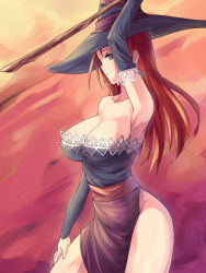 Rule 34 | 1girl, bare shoulders, breasts, cleavage, detached sleeves, dragon&#039;s crown, female focus, gradient background, hat, large breasts, long hair, red eyes, red hair, saiste, solo, sorceress (dragon&#039;s crown), staff, witch hat