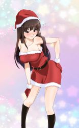 Rule 34 | 1girl, abimaru gup, alternate costume, bare shoulders, belt, black belt, black eyes, black socks, blunt bangs, blush, breasts, brown hair, christmas, closed mouth, commentary, dress, flying sweatdrops, frown, girls und panzer, gloves, hand on own ass, hand on own thigh, hat, highres, kneehighs, large breasts, leaning forward, looking to the side, mature female, multicolored background, nishizumi shiho, one-hour drawing challenge, red dress, red gloves, red hat, santa costume, santa dress, santa gloves, santa hat, short dress, socks, solo, standing, straight hair, strapless, strapless dress, sweatdrop, twitter username