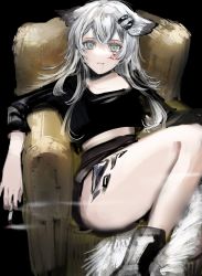 Rule 34 | 1girl, animal ears, arknights, bare legs, black background, black footwear, black shirt, blood, blood from mouth, blood on face, boots, cigarette, commentary, crop top, gawako, green eyes, hair ornament, hairclip, highres, lappland (arknights), legs, long hair, looking at viewer, material growth, on chair, oripathy lesion (arknights), parted lips, shirt, silver hair, simple background, sitting, smoke, smoking, solo, tail, wolf ears, wolf girl, wolf tail
