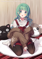Rule 34 | 1girl, alternate hairstyle, aniplex, beige shirt, between legs, black pantyhose, blunt bangs, brown jacket, commentary request, curly hair, dot nose, floor, fuji fujino, full body, fur-trimmed jacket, fur trim, futaba sana, green eyes, green hair, hair ornament, hairclip, hand between legs, highres, jacket, unworn jacket, light blush, long sleeves, low twintails, magia record: mahou shoujo madoka magica gaiden, mahou shoujo madoka magica, no shoes, overalls, pantyhose, parted lips, paw print, red overalls, rug, shadow, shirt, sidelocks, sitting, socks, socks over pantyhose, solo, star (symbol), star hair ornament, strap slip, striped, stuffed animal, stuffed cat, stuffed toy, tareme, twintails, wall, wariza, white socks, wide-eyed, wooden wall