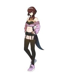Rule 34 | absurdres, au ra, crop top, cropped jacket, dragon girl, drawstring, final fantasy, final fantasy xiv, garter straps, hairband, hands on own hips, highres, horns, pink eyes, purple hair, scales, see-through, shoes, short shorts, shorts, sneakers, tail, thighhighs, thong