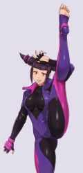 Rule 34 | 1girl, arm up, barefoot, black gloves, black hair, black nails, blunt bangs, bodysuit, bodysuit under clothes, capcom, drill hair, feet, fingerless gloves, gloves, grey background, han juri, highres, latex, leg up, long hair, looking at viewer, nail polish, nigou, no shoes, partially unzipped, plantar flexion, purple eyes, sanpaku, shiny clothes, short hair, sidelocks, simple background, skin tight, soles, solo, split, standing, standing on one leg, standing split, street fighter, street fighter v, toeless legwear, toes, twin drills, v-shaped eyebrows, zipper
