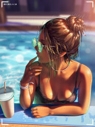 Rule 34 | 1girl, a.x., battery indicator, bikini, black bikini, blurry, blurry background, bracelet, breasts, brown eyes, brown hair, cup, disposable cup, drinking straw, hair bun, jewelry, light particles, medium breasts, mole, mole under mouth, original, outdoors, partially submerged, pool, recording, ring, shiny skin, solo, sunglasses, swimsuit, tan, viewfinder