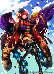 Rule 34 | 1girl, bare shoulders, company name, day, hand fan, feathered wings, flower, gyakushuu no fantasica, hair flower, hair ornament, high heels, japanese clothes, katagiri hachigou, kimono, long hair, nail polish, official art, open mouth, petals, purple eyes, red hair, sky, solo, thighhighs, wings