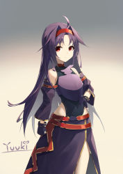 Rule 34 | 1girl, absurdres, ahoge, armor, black gloves, breastplate, character name, detached sleeves, fingerless gloves, gloves, gradient background, grey background, hairband, hand on own hip, highres, long hair, long skirt, looking at viewer, parted bangs, purple armor, purple hair, purple skirt, purple sleeves, red eyes, red hairband, skirt, solo, sword art online, thighs, yuuki (sao), yuuki (yuuki08435994)