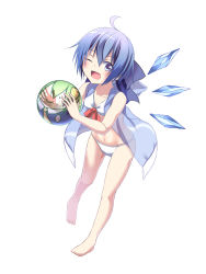 Rule 34 | 1girl, ahoge, ball, barefoot, beachball, bikini, blue eyes, blue hair, blush, bow, breasts, cirno, collarbone, daiyousei, hair bow, highres, hood, hoodie, ice, ice wings, matching hair/eyes, one eye closed, open mouth, small breasts, smile, solo, swimsuit, touhou, tsuri buta, wings