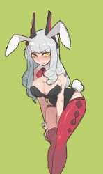 Rule 34 | 1girl, absurdres, animal ears, blush, breasts, playboy bunny, carmilla (fate), choker, cleavage, fate/grand order, fate (series), green background, grey hair, highres, horns, long hair, tail, thighhighs, yellow eyes