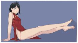 Rule 34 | 1girl, ;p, ahoge, antenna hair, arm support, bare arms, bare legs, bare shoulders, barefoot, black hair, blue eyes, breasts, china dress, chinese clothes, closed mouth, commentary request, dress, feet, from side, full body, highres, legs, long hair, looking at viewer, nail polish, one eye closed, original, panties, red dress, side-tie panties, side slit, simple background, sitting, small breasts, smile, solo, string panties, tongue, tongue out, ult one, underwear, untied panties