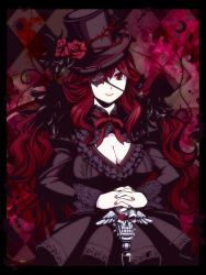 Rule 34 | 1girl, bow, breasts, cleavage, dress, eyepatch, flower, gothic lolita, hat, large breasts, lolita fashion, nail polish, original, own hands clasped, own hands together, red hair, rose, smile, solo, thorns, top hat, torigoe takumi