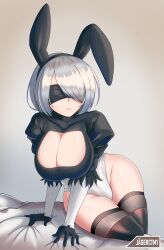 Rule 34 | 1girl, absurdres, animal ears, black blindfold, black hairband, blindfold, boots, breasts, cleavage, cleavage cutout, clothing cutout, covered eyes, fake animal ears, feather-trimmed sleeves, grey hair, hairband, highleg, highleg leotard, highres, jagerctm1, juliet sleeves, large breasts, leotard, long sleeves, mole, mole under mouth, nier (series), nier:automata, puffy sleeves, rabbit ears, sitting, solo, spanish commentary, thigh boots, thong leotard, white leotard, 2b (nier:automata)