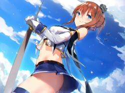 Rule 34 | 1girl, aircraft, ass, azur lane, bare shoulders, blue eyes, blue sky, braid, brown hair, closed mouth, cloud, cloudy sky, day, detached sleeves, dutch angle, from side, gloves, hair between eyes, long sleeves, looking at viewer, midriff, miniskirt, orihi chihiro, planted, planted sword, planted weapon, ponytail, repulse (azur lane), sidelocks, skirt, sky, smile, solo, sword, thighhighs, weapon, white gloves