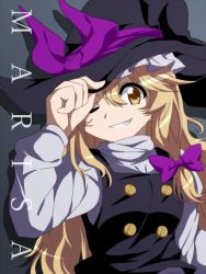 Rule 34 | 1girl, black dress, blonde hair, bow, braid, bwell, character name, dress, grin, hair bow, hat, kirisame marisa, long hair, long sleeves, one eye closed, shirt, smile, solo, touhou, witch hat, yellow eyes