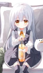 Rule 34 | 1girl, black dress, black thighhighs, blush, bottle, bow, brown eyes, bunny girl (yuuhagi (amaretto-no-natsu)), closed mouth, collared shirt, commentary request, dress, feet out of frame, frilled dress, frills, grey hair, hair between eyes, holding, holding bottle, long hair, long sleeves, looking at viewer, original, pillow, puffy long sleeves, puffy sleeves, shirt, sitting, sleeveless, sleeveless dress, sleeves past wrists, solo, thighhighs, very long hair, white shirt, yellow bow, yuuhagi (amaretto-no-natsu)