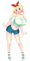 Rule 34 | 1girl, ankleband, arms at sides, bare legs, bare shoulders, blonde hair, breasts, brown eyes, cleavage, collarbone, contrapposto, crop top, denim, denim shorts, flower, full body, gradient hair, hairband, highres, huge breasts, kaede acer, long hair, looking at viewer, low-tied long hair, midriff, multicolored hair, navel, open mouth, original, parted hair, platform footwear, sandals, shirt, short shorts, shorts, simple background, smile, solo, stomach, tied shirt, toes, white background