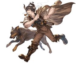 Rule 34 | 10s, 1boy, ahoge, barawa, beard, boots, brown eyes, brown hair, dog, draph, facial hair, full body, granblue fantasy, gun, horns, male focus, manly, matching hair/eyes, minaba hideo, official art, open mouth, smoking pipe, pipe in mouth, smoking, solo, teeth, tongue, transparent background, weapon