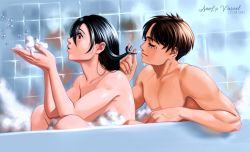 Rule 34 | 1boy, 1girl, annlu vazzel, artist name, bathtub, black eyes, black hair, brown hair, bubble, collarbone, commentary, couple, dated, english commentary, eren yeager, facing another, hetero, highres, indoors, lips, long hair, looking at another, looking up, mikasa ackerman, mixed-sex bathing, nude, open mouth, playing with another&#039;s hair, shared bathing, shingeki no kyojin, short hair, smile, tile wall, tiles, water, wet, wet hair