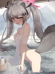 Rule 34 | 1girl, absurdres, ahoge, animal ears, arched back, bitseon, blue archive, blush, breasts, cowboy shot, grey hair, halo, highres, long hair, looking at viewer, michiru (blue archive), naked towel, onsen, open mouth, pink halo, raccoon ears, raccoon hair ornament, raccoon tail, small breasts, solo, steam, tail, towel, twintails, wading, water, white towel, yellow eyes