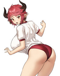 Rule 34 | 1girl, ass, breasts, brown eyes, buruma, draph, earrings, granblue fantasy, gym shirt, gym uniform, highres, horns, houtengeki, jewelry, large breasts, looking at viewer, open mouth, pointy ears, red buruma, red hair, shirt, short hair, short sleeves, simple background, solo, sturm (granblue fantasy), white background
