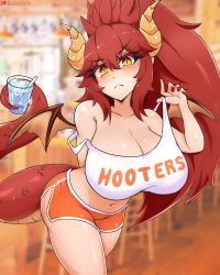 Rule 34 | 1girl, arm behind back, artist name, ass, bare shoulders, bebatch, black nails, blurry, blurry background, breasts, cleavage, clothes lift, collarbone, dragon girl, dragon horns, dragon tail, dragon wings, drink, frown, hair between eyes, highres, holding, holding drink, hooters, horns, huge breasts, ice, ice cube, leaning forward, long hair, nail polish, navel, off shoulder, ponytail, red hair, shirt lift, short shorts, shorts, sidelocks, solo, split mouth, sweat, tail, thighs, v-shaped eyebrows, virtual youtuber, vshojo, wings, yellow eyes, zentreya (dragon), zentreya